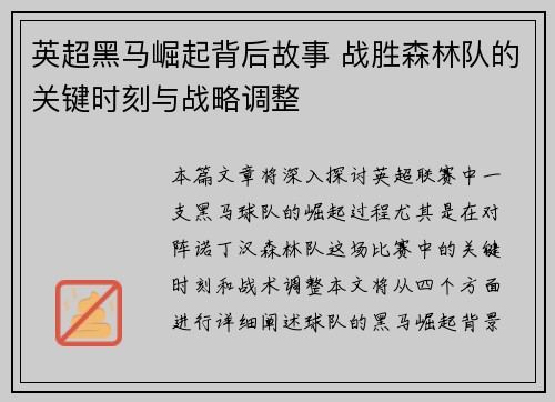 英超黑马崛起背后故事 战胜森林队的关键时刻与战略调整